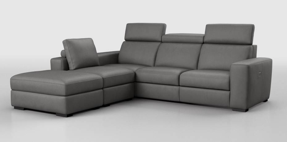 Migliara - large corner sofa with 1 electric recliner with 1 left seater terminal and pouf